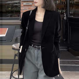 气质高级感黑色丝绒西装外套女士春季中长款休闲百搭宽松西服上衣