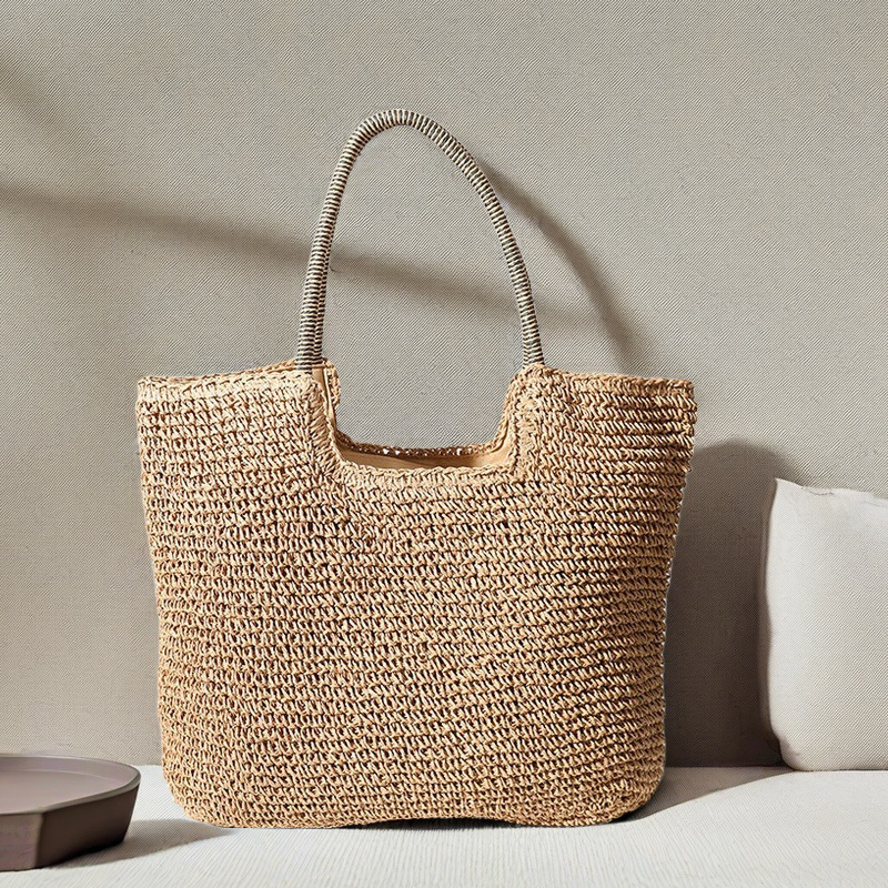 Casual Woven Bag, Simple Summer Large-Capacity Shoulder Portable Handmade Straw Bag, Seaside Vacation Beach Bag, Women's Bag