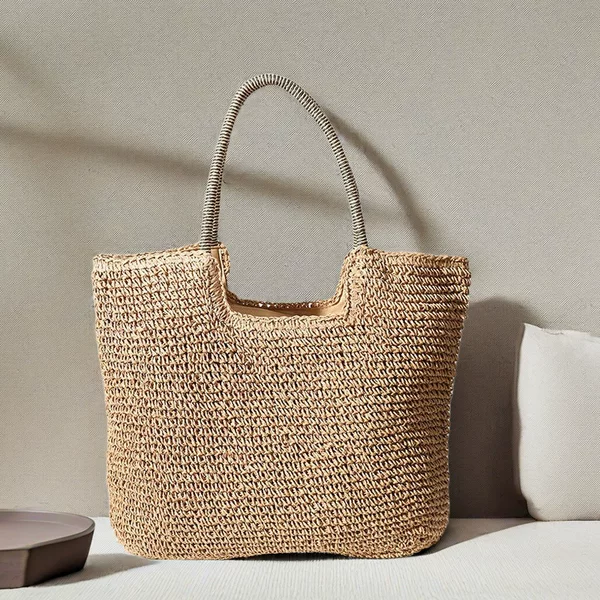 Casual Woven Bag, Simple Summer Large-Capacity Shoulder Portable Handmade Straw Bag, Seaside Vacation Beach Bag, Women's Bag