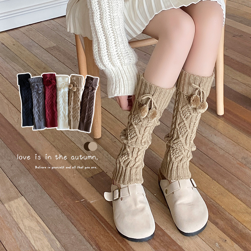 jk針織日系Lolita麻花襪套毛球襪咖色腿套秋冬復古毛線小腿女堆堆