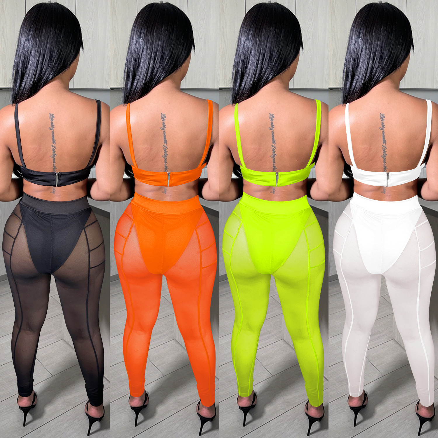 C5799 precio especial no devuelve ni cambia con cuidado Europa y los Estados Unidos envuelto en el pecho con cremallera pantalones de malla de perspectiva de dos piezas