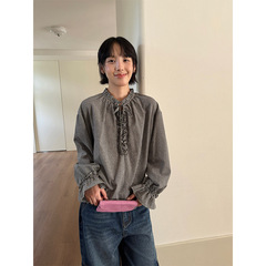 衣夫 甜美格系~韩系甜美v领木耳花边小格子长袖衬衫早秋小衫5395
