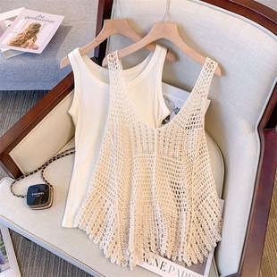 2025 New plus size Knitted Hollow Vest Crochet Outer Vest Blouse White Vest Top Trendy Two-piece Set