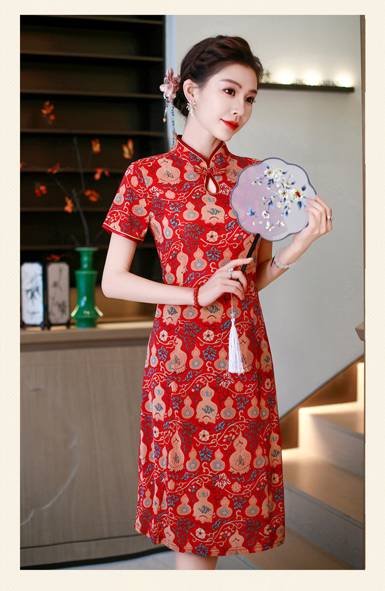 Đầm maxi nữ cổ đứng kiểu tân Trung Hoa in họa tiết dáng dài — xanh lam, màu đỏ chi tiết 15