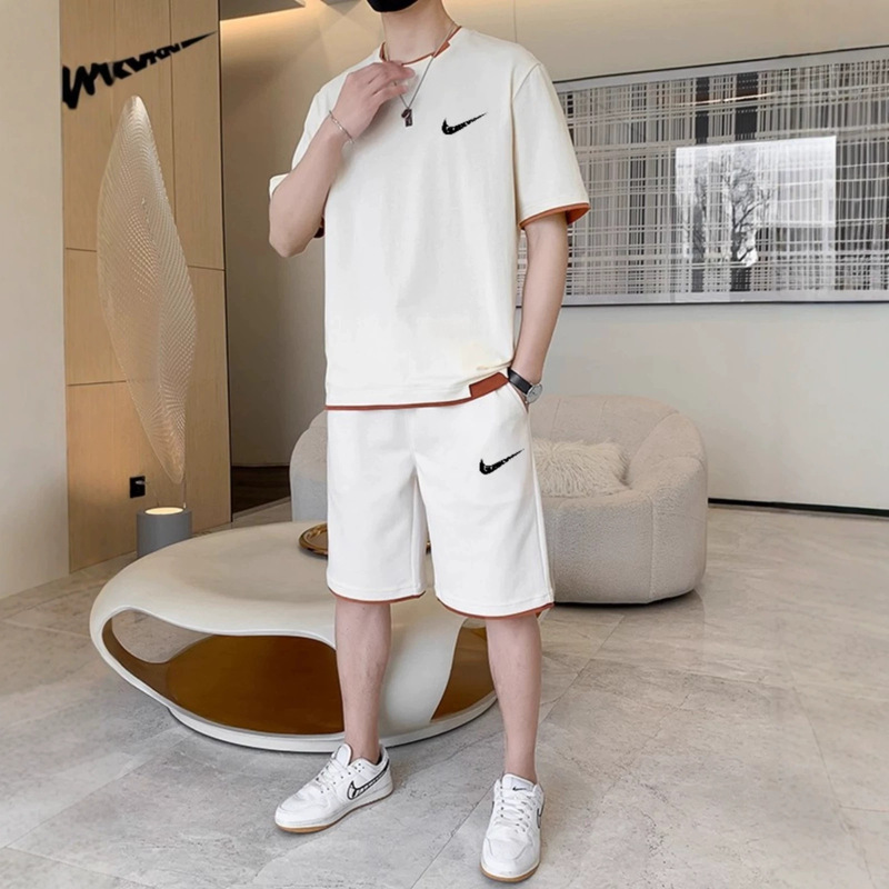 Branded trendy casual sports suit for men, summer pure cotton round-neck short-sleeve T-shirt and stylish shorts two-piece set Branded trendy casual sports suit for men, summer pure cotton round-neck short-sleeve T-shirt and stylish shorts two-piece set