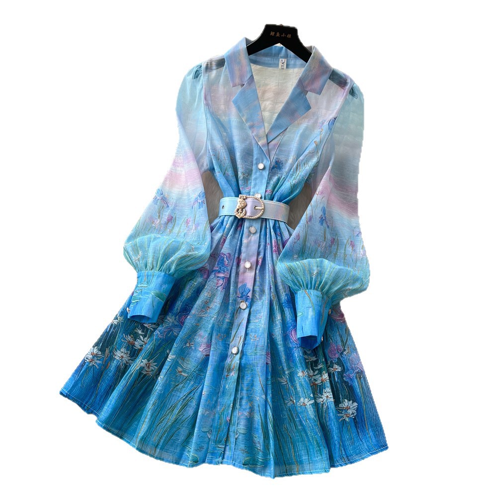 Women's French Romantic Gradient Print Dress Long Sleeve Single Breasted Button down Waist Tie Elegant Long Summer Dress_ecoleips.com