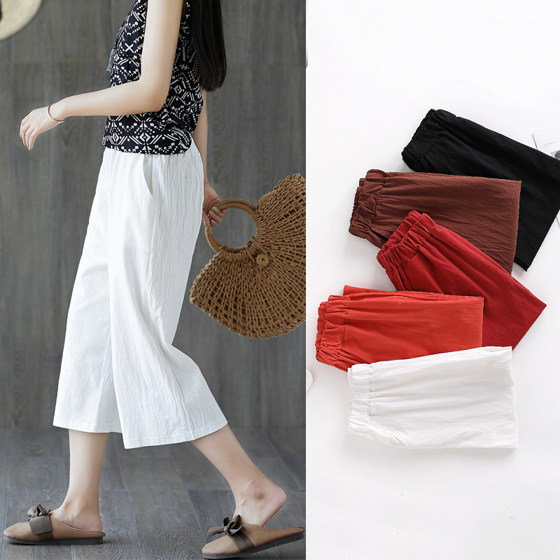 Washed Cotton Cropped Wide-Leg Women's Summer Thin Korean-Style Loose Slimming 2026 New Large Size High-Waisted Straight Casual Pants