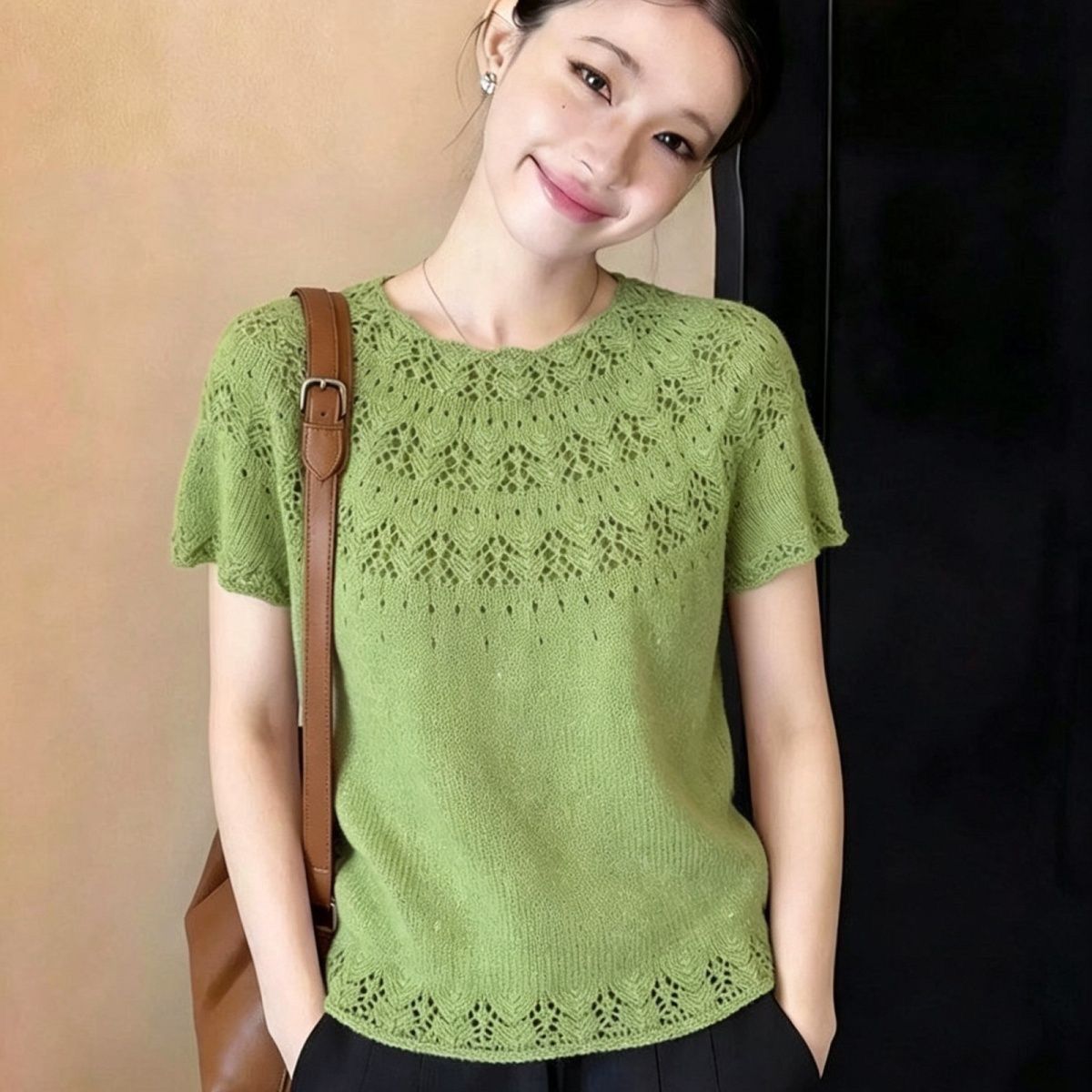 Áo thun nữ tay ngắn cổ tròn phong cách quý cô mùa xuân hè — tím hoa cà chi tiết 1