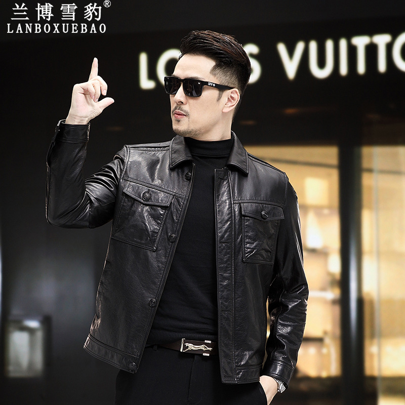 Factory direct sales of genuine leather men's jackets, oil-waxed top-grain cowhide, Haining new style slim fit short lapel spring and autumn jacket WT