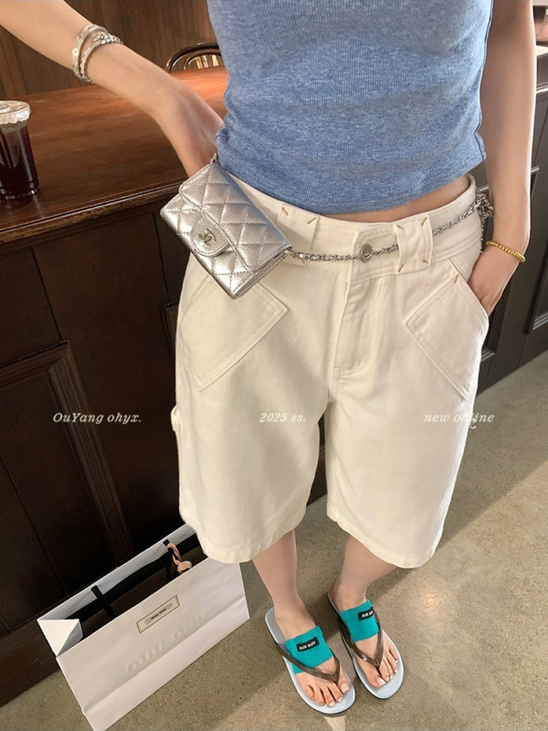 Ouyang コントラストカラーデニムショートパンツ女性の夏薄いルーズストレート 5 分パンツハイウエストスリムレトロパンツ|undefined