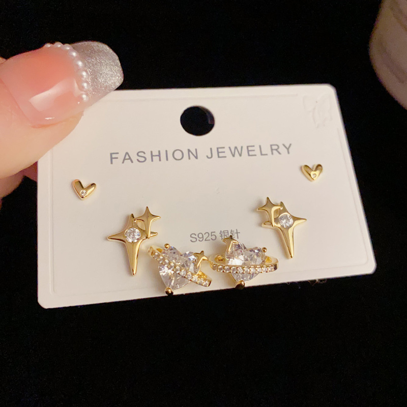925 Sterling Silver Ear Needle Material 1 Set Elegant Modern Style Star Heart Shape Copper Zircon Ear Studs