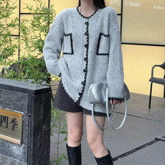 撞色复古慵懒风圆领织开衫毛衣女冬季新款韩版小香风宽松保暖毛衣