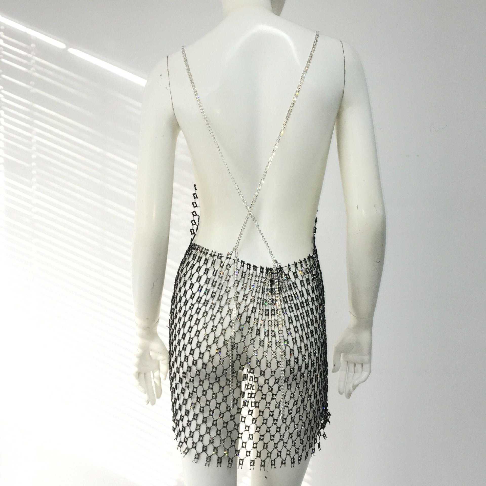 Women Clothing Dress Sexy Fishnet Dress V Neck Rhinestone Suspender Dress  Tight Women | FondMart