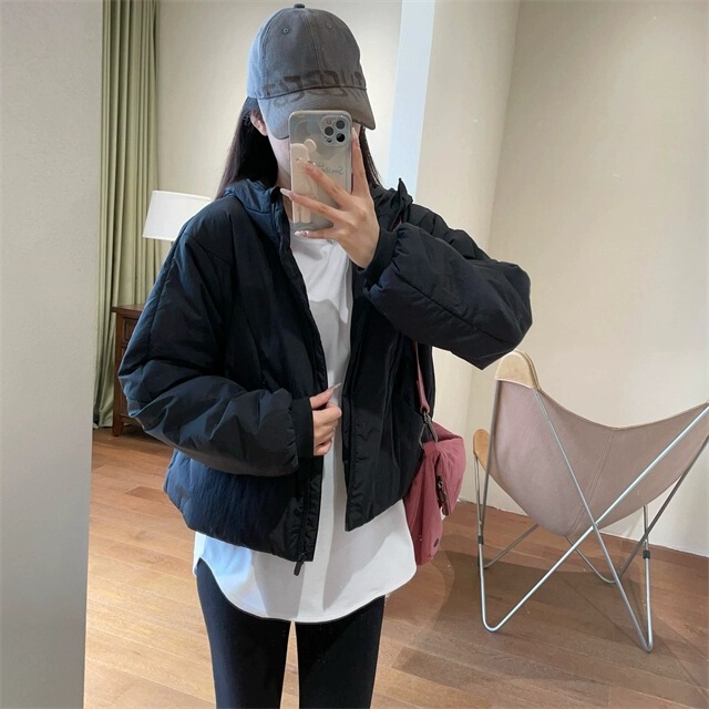 WTHEONElu家高品质防风保暖短款棉服女小个子连帽外套2024秋冬新|undefined