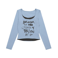 アメリカのレトロな肩落書きプリント長袖tシャツ