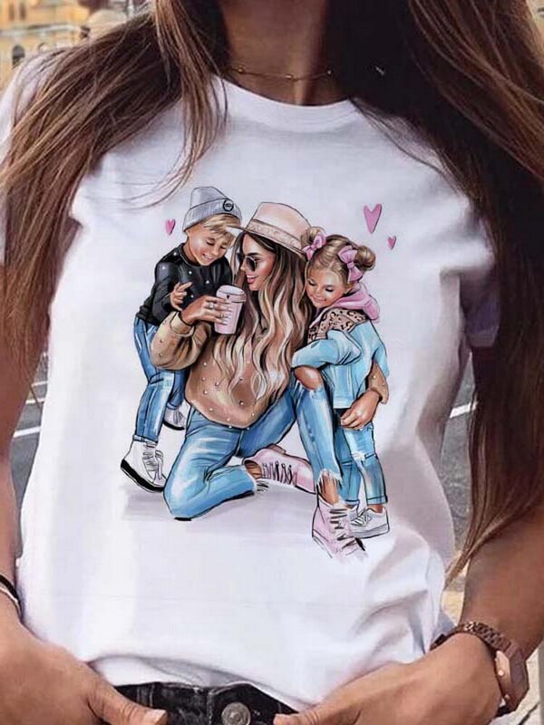 Cartoon Mother and Son Daughter Pattern Printed Women's T-shirt Summer Casual Harajuku Y2K Women's Top