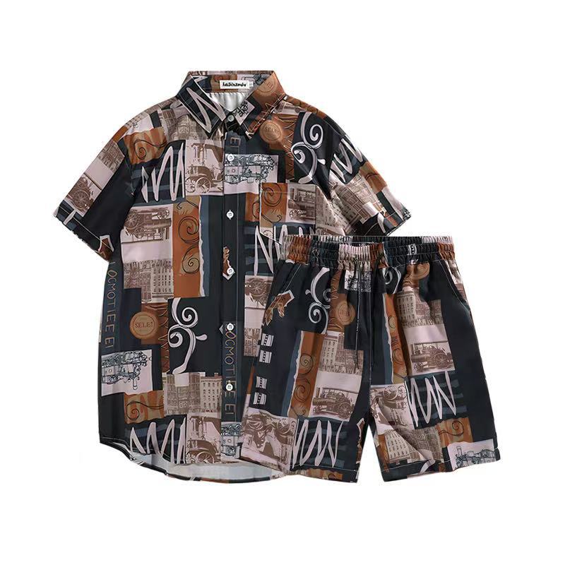 비치 의류 세트 하와이 남성 반팔 셔츠 트렌디 브랜드 잉크 타이 염료 느슨한 해변 플러스 사이즈 커플 투피스 세트
