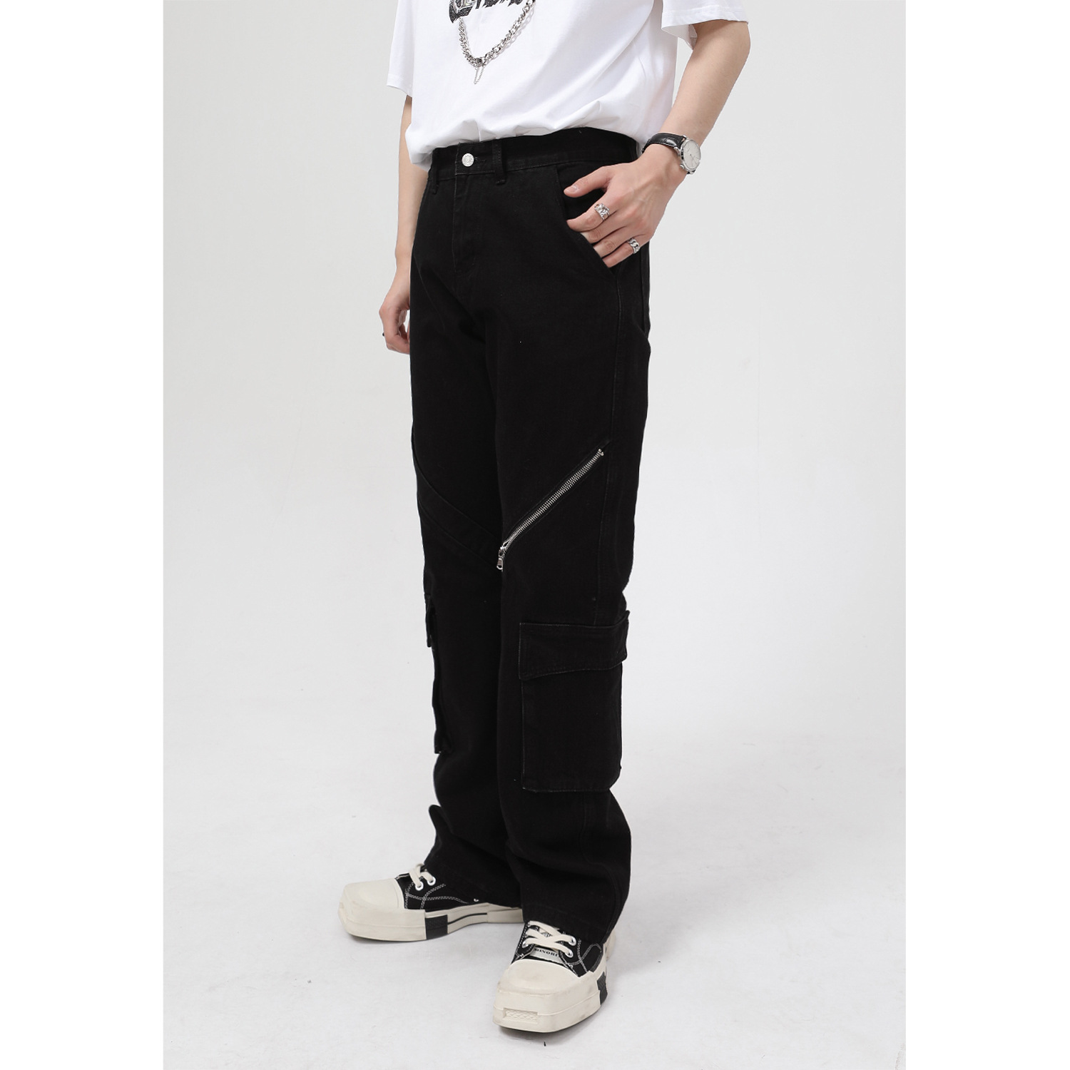 Mtlclothes ropa de Hombre | 2022 cuatro estaciones nuevo oscuro funcional viento micro cuerno Workwear Jeans para hombres