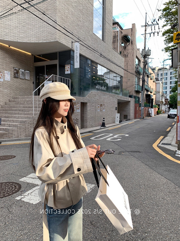 外卖到了【首尔假日】早秋韩系短款风衣外套女英伦风立领收腰外套|undefined