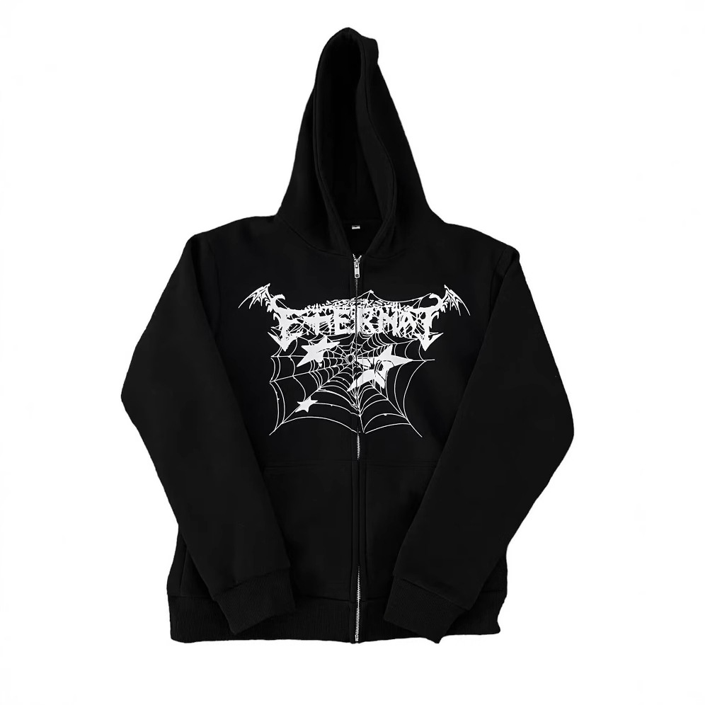 Five-Pointed Star Spider Web Zipper Cardigan Front And Back Print Trendy Versatile Style Couple Loose Hoodie Sweatshirt_voghion.com