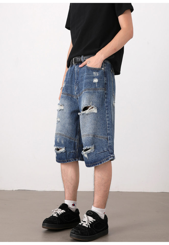 Quần short jean nam dáng rộng phong cách retro, rách giặt mài, lửng ống đứng — Màu xanh dương chi tiết 12