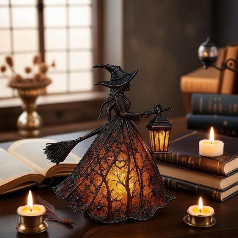 跨境新品Halloween Witch Lamp 哥特式万圣节女巫灯雕像树脂摆件|undefined