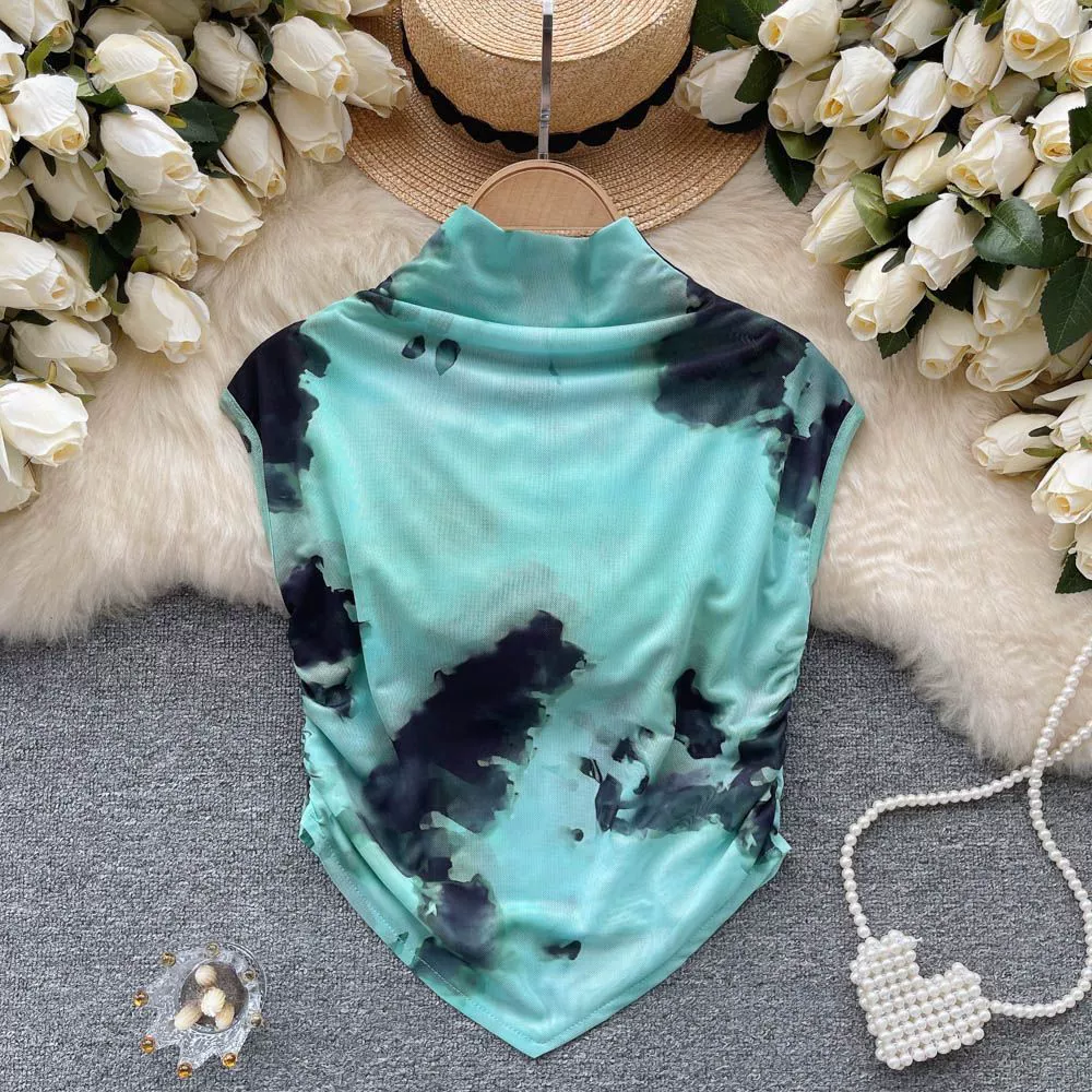 Французская ретро-водолазка с коротким воротом, окрашенный сетчатый жилет без рукавов, модная Асимметричная короткая приталенная плиссированная футболка