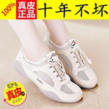 真皮运动鞋女2023秋季百搭网面网眼平底厚底轻便休闲鞋防滑减震鞋