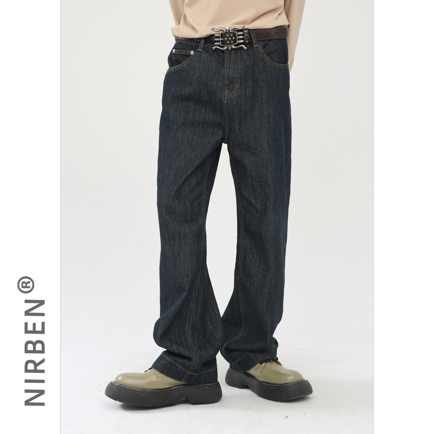 Nirben Denim | Pantalones vaqueros de color primario estilo coreano versátil flojo que adelgaza drapeado Pantalones rectos para hombres y mujeres