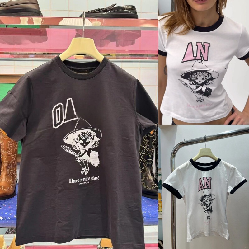 Autumn 2024 New Niche Designer Girl Print Round Neck Cotton Slim-fit Short-sleeved T-shirt for Women
