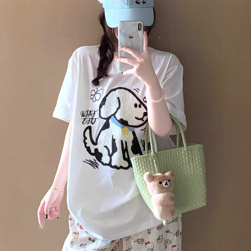 Spring and Summer 2025 New Simple American Style Retro Casual Cute Printed Graffiti Puppy Loose Age-reducing Short-sleeved T-shirt