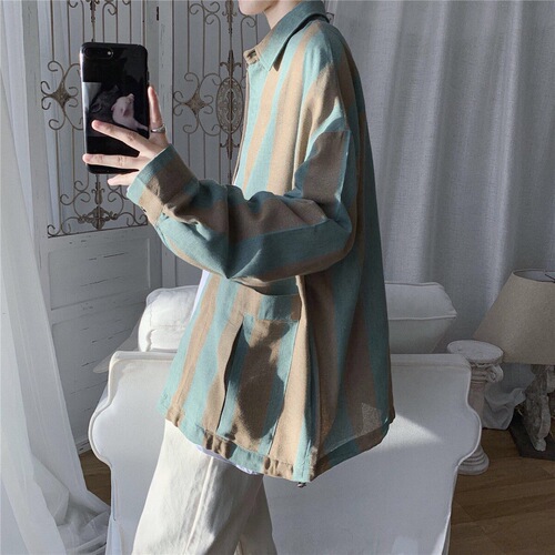 Japanese striped shirt for men, Korean style workwear top, autumn couple long-sleeved shirt, loose and versatile, student uniform, trendy