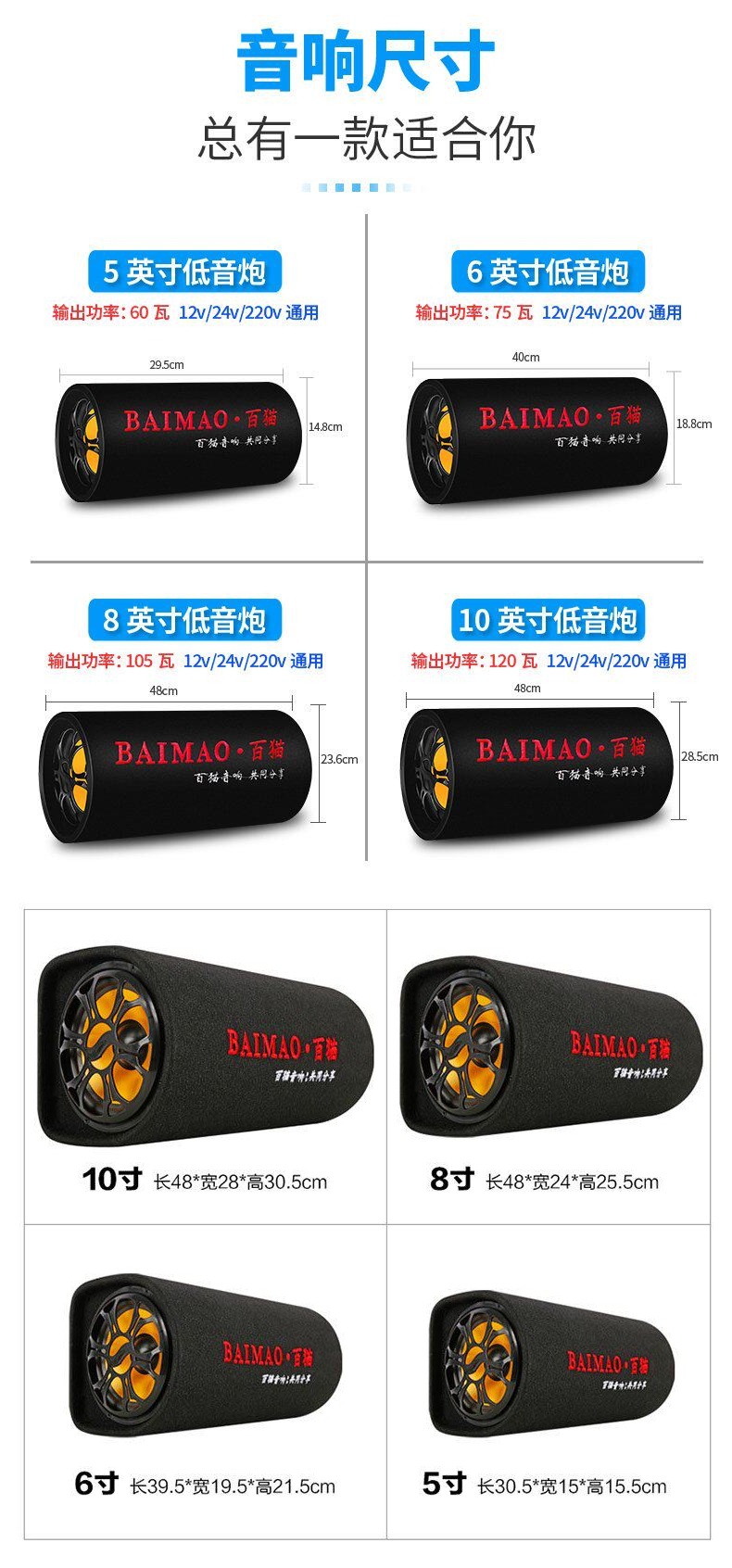 Baica Car Subwoofer 12V24V Heavy Bass Car Modification High-Power Bluetooth Speaker 220V Home Audio System