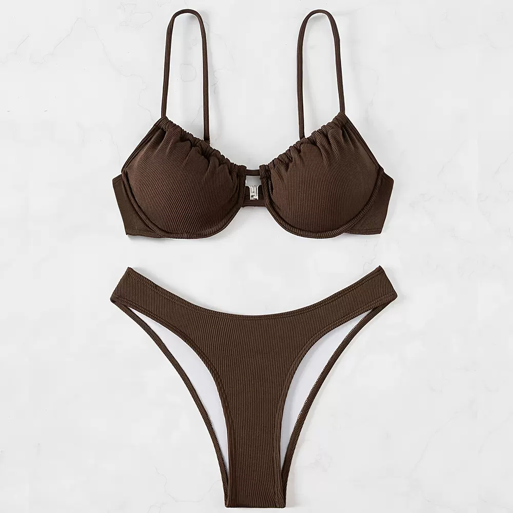 亿泳2025新款欧美纯色钢托沙滩泳衣女士分体比基尼套装跨境