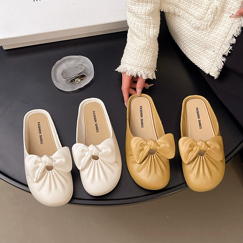 Туфли-мулы с бантом в сказочном стиле, модная верхняя одежда, туфли для ленивых на мягкой подошве, маленькие каблуки-1,0 см, женская обувь с не утомляющим носком.
