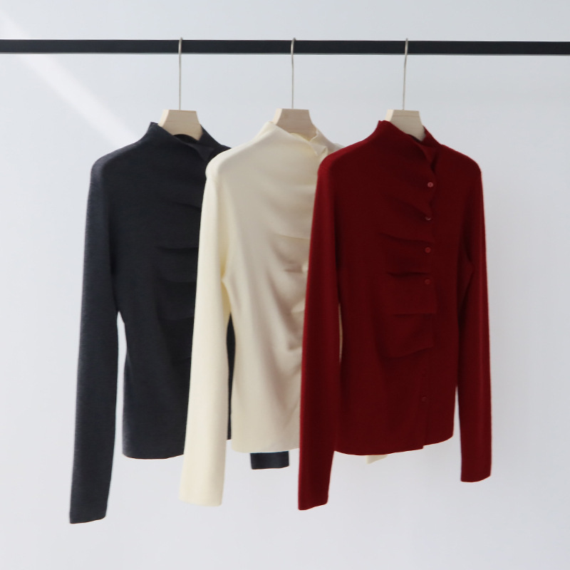 Thirteen Lines Autumn and Winter High-end Knitted Sweater Cardigan Design Pleated Turtleneck Wool Blend Knitted Sweater Jacket