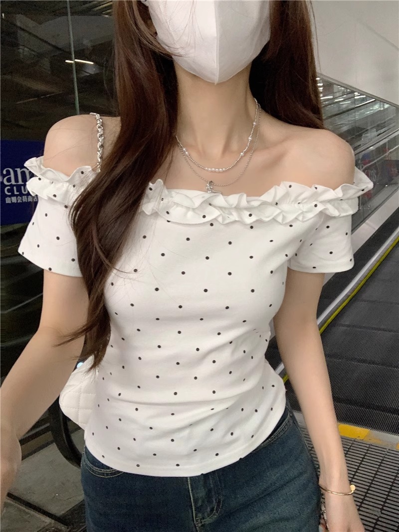 Sexy and Alluring Off-Shoulder Ruffled Edge Polka Dot Short-Sleeve T-Shirt for Women, Summer Fashion Base Top for Hot Girls 3