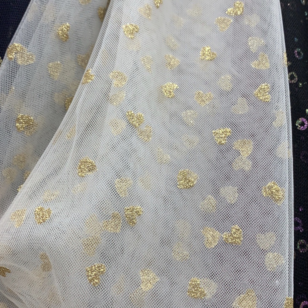 Malla de malla después del procesamiento dorado polvo de impresión oro rosa plata Rosa amor hilo ropa para niños hanfu vestido Lolita tela