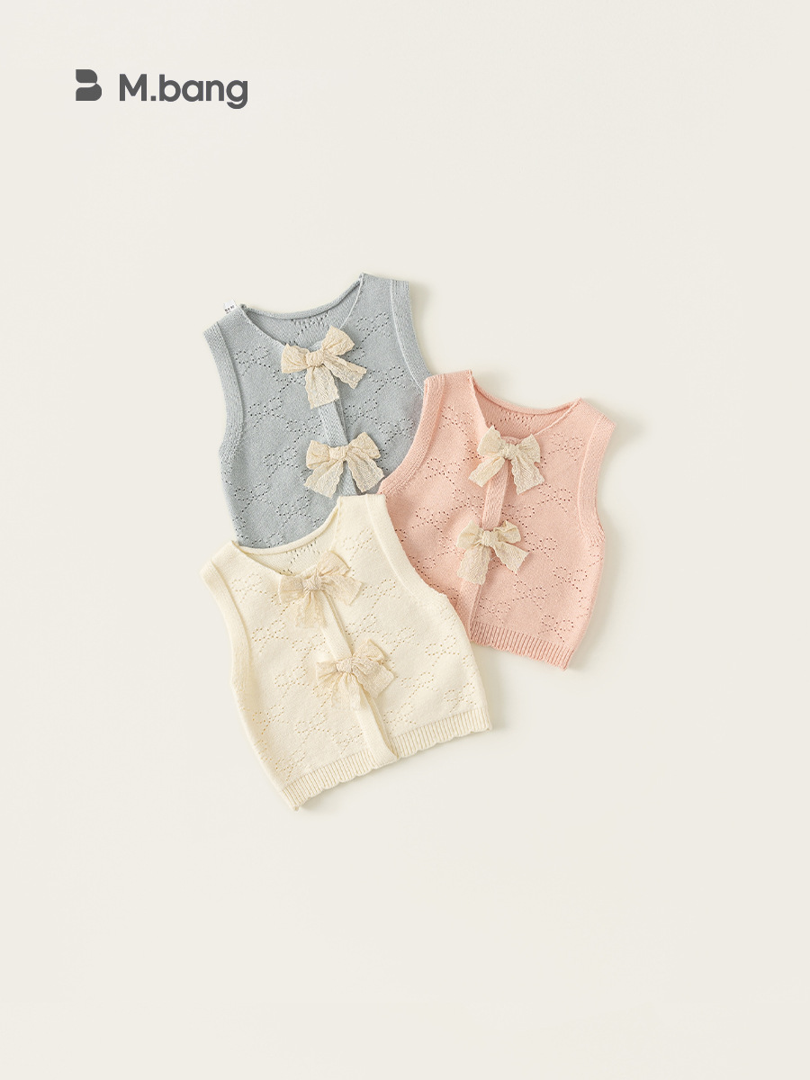 Yoobao ropa infantil de niñas chaleco de punto de arco de color sólido primavera 2025 nuevo suéter infantil simple chaleco