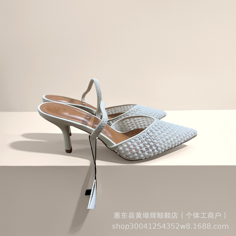 Za Spain 2025 Summer New Shallow Peep-Toe Sandals with Thin High Heels, Bead Back Strap, Pointed Toe Women's Shoes