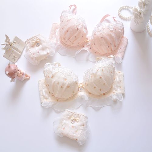 Long-term Japanese chiffon two-color embroidery thin cup student girl cute push-up sexy underwear bra set