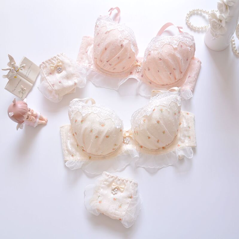 Long-term Japanese Chiffon Two-color Embroidered Thin Cup Student Girl's Cute Gathered Sexy Underwear Bra Set