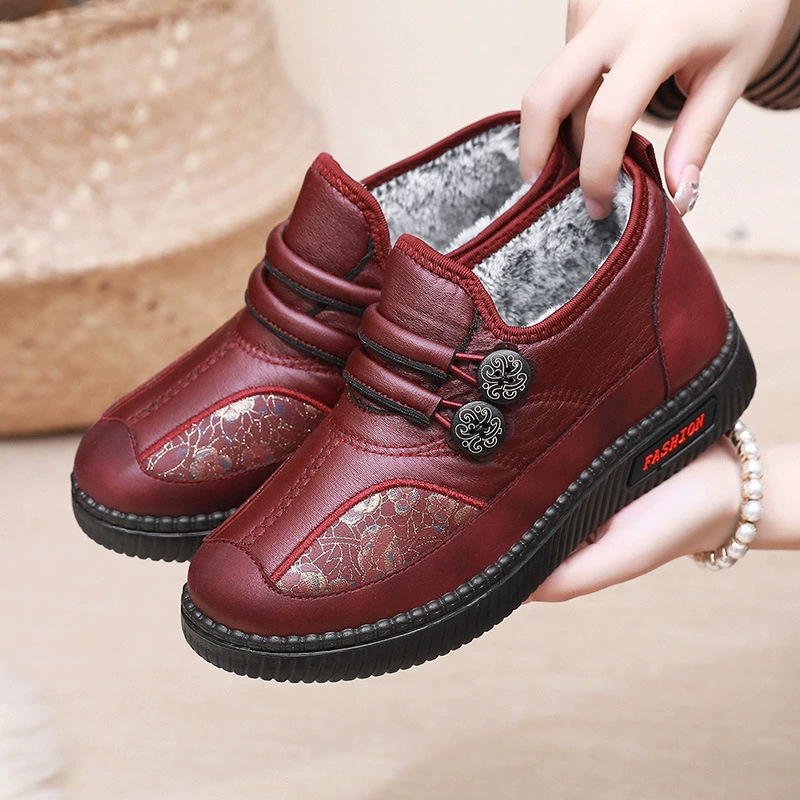 Зимние хлопковые сапоги кожаные теплые сапоги женские среднего и пожилого возраста сапоги для мамы педаль ленивые сапоги живые поколения волос