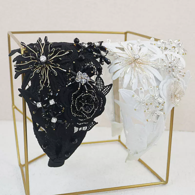 高级感名媛风超重工带钻发箍手工串珠刺绣花朵头箍宽遮白时尚发饰