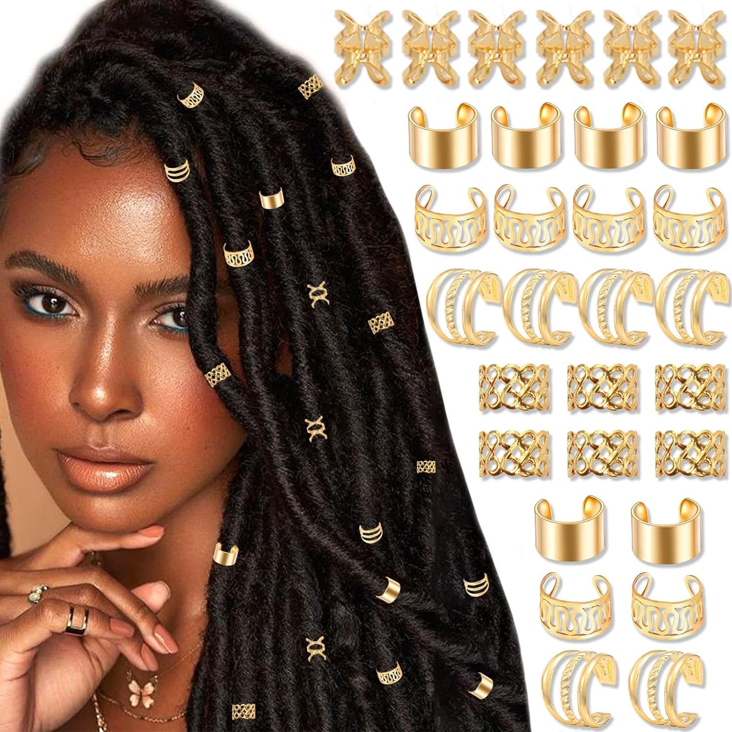 50PCS aleación joyería de pelo trenzas accesorios de trenza metálica clip de trenza orejas no perforantes cuentas de barba manga de pelo