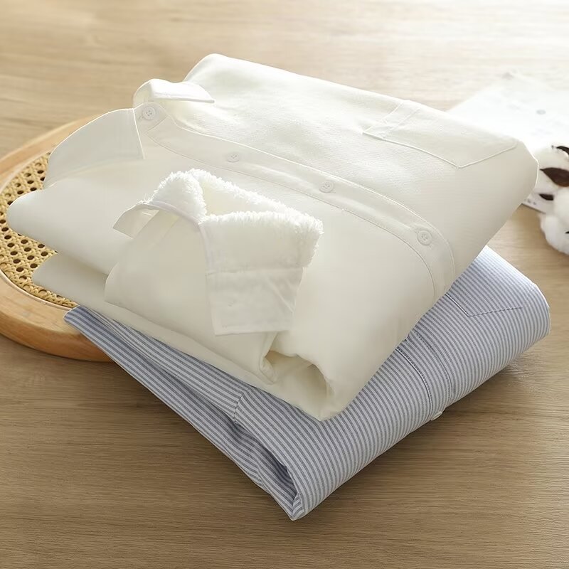 冬季新款加绒加厚牛津纺纯色保暖衬衫长袖打底衫批发潮