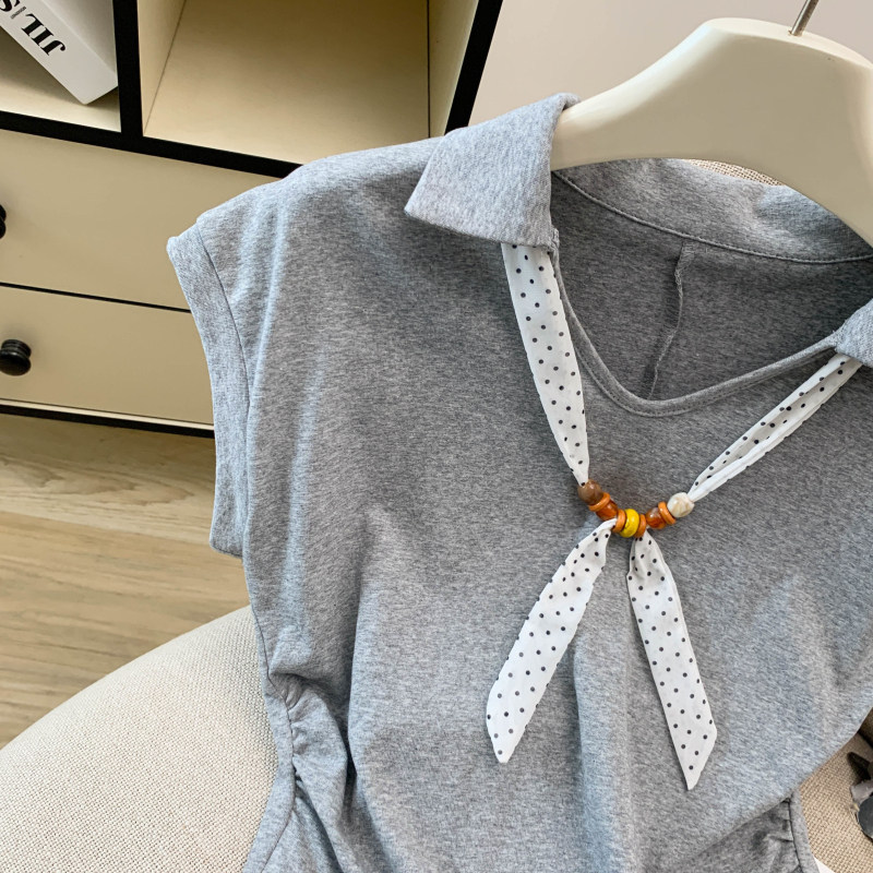 Áo thun polo nữ tay ngắn cổ bẻ kèm khăn lụa phong cách Pháp — màu trắng chi tiết 30