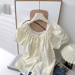 フレンチレースのシャツ女性の夏の甘い減齢の泡の半袖の子供のシャツの独特な小さいシャツの上着の5753