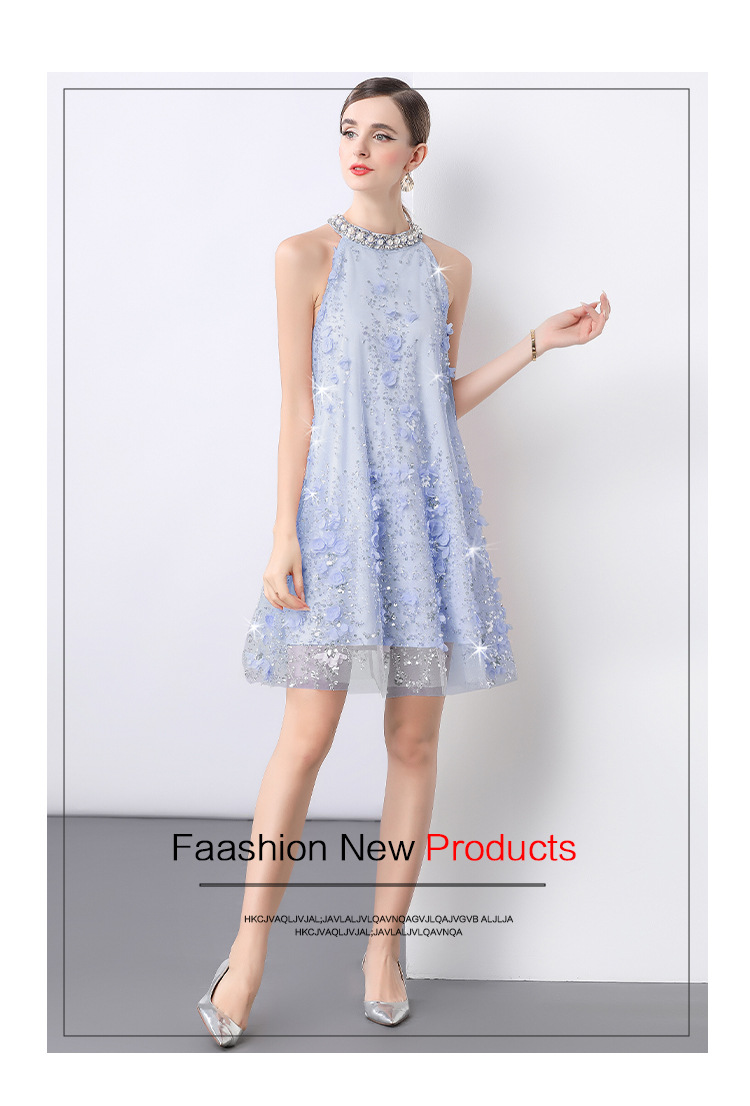 Đầm maxi cổ đeo hoa nổi đính hạt sang trọng Âu Mỹ tôn dáng mùa hè — Màu xanh lam, Màu hồng chi tiết 1