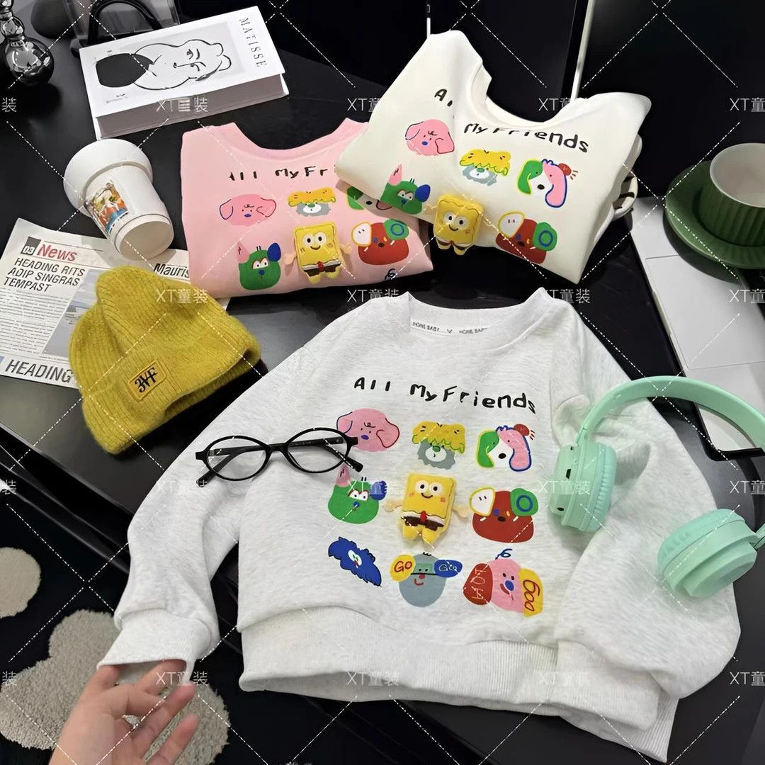 2025 Spring and Autumn Korean Style Fashion Round Neck Sweatshirt Children's Casual Cartoon Top Doll Print Boys and Girls Clothing Toddler